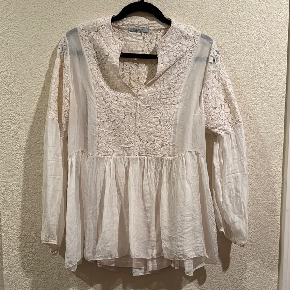 Cream Peplum Blouse with Bell Sleeves and Bib Collar